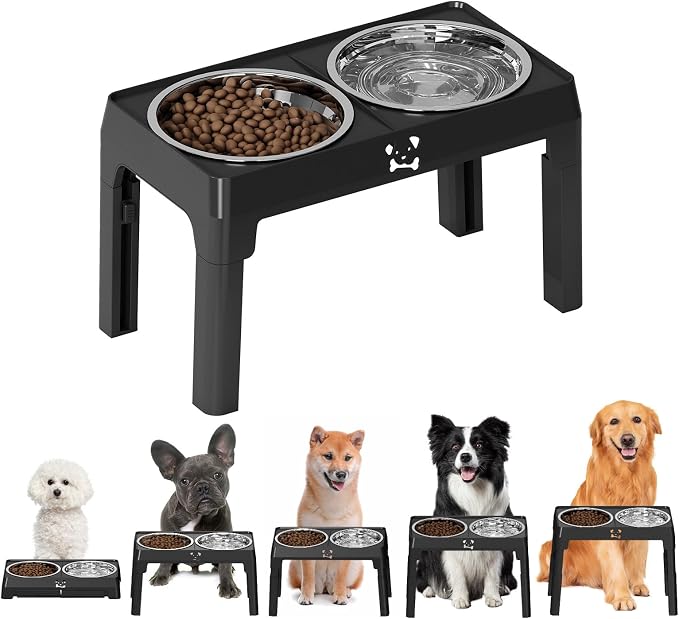 Elevated Dog Bowls Large Breed Raised Dogs Bowl Stand Large/Medium Sized Dog Stainless Steel Food Water Bowl Stands 5 Heights Adjustable 9/11/12/14in Black Pet Feeder Dish Station