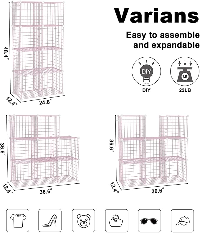 C&AHOME Wire Cube Storage, 8 - Cube Organizer Metal C Grids Units, Pink | Modular Shelves Units, Closet Organizer, Storage Bins Shelving, Ideal for Home, Office, Living Room