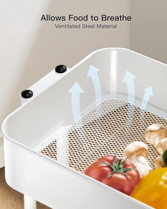 Pipishell 3 Tier Metal Rolling Utility Cart with 2 Lockable Wheels, White | 360° Rotating Wheel, Heavy-Duty Steel, Sturdy Dual Columns, Ventilated Mesh, Hold 22 lbs per Shelf, for Kitchen & Living Room
