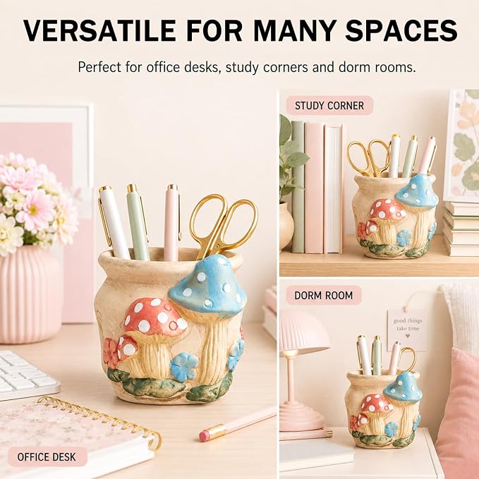 Ceramic Mushroom Shaped Pen Pencil Holder for Desk Decoration Accessories Mushroomb Decor Makeup Brush Pen Cups Office School Ideal Gifts for Women, Mom or Birthdays