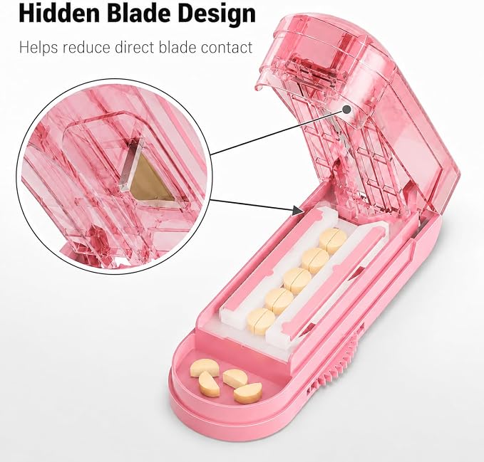 ONE PIX Pill Cutter Splitter for Small and Tiny Pills, Multiple Pill Splitter with Centering Device & Hidden Blade, Adjustable Tablet Cutter for Large Pills, Seniors, Pets, Pink