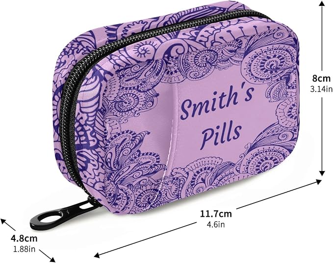 Custom Pill Box 7 Day Pill Case Bag Purple Floral Paisley Personalized Name Travel Pill Organizer Bag with Zipper Portable Weekly Case Compact Size for Vitamin Supplement Holder