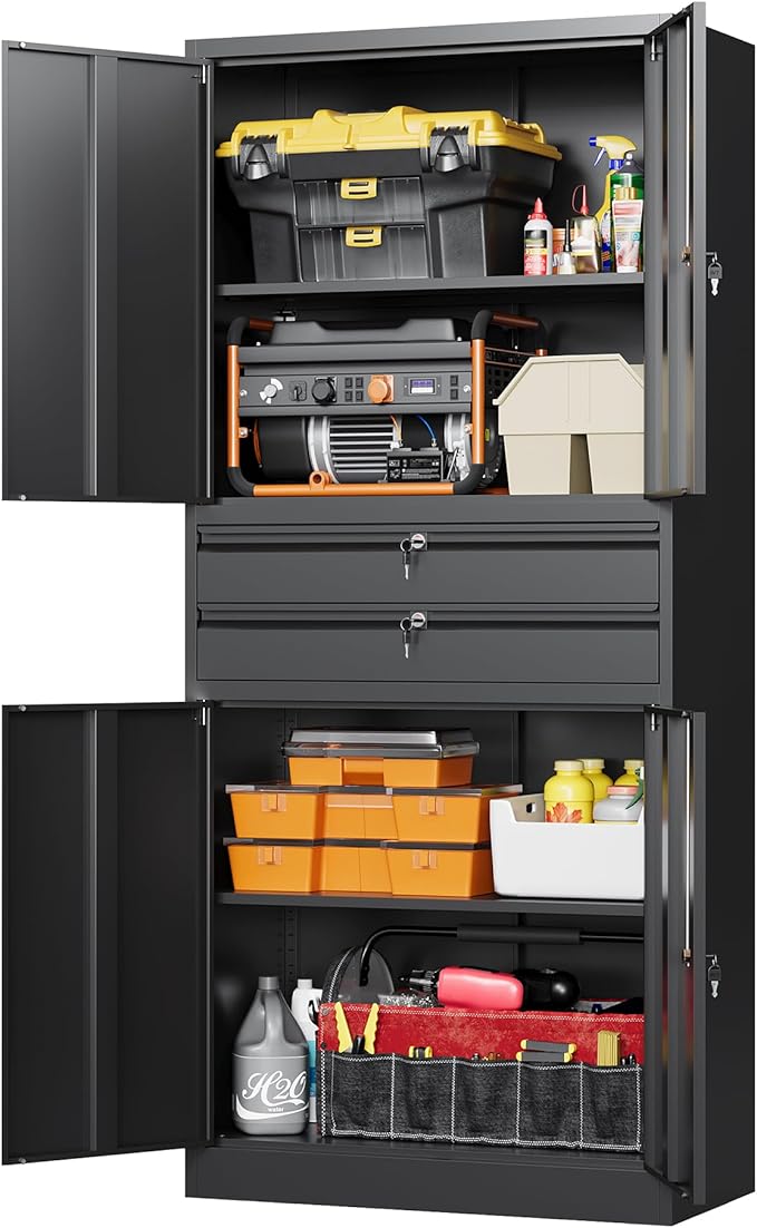 Metal Garage Storage Cabinet,71" Heavy Duty Steel Tool Cabinet with 4 Door Lock-Adjustable Shelves and 2 Drawer for Garage Home Office Utility Room (Black)