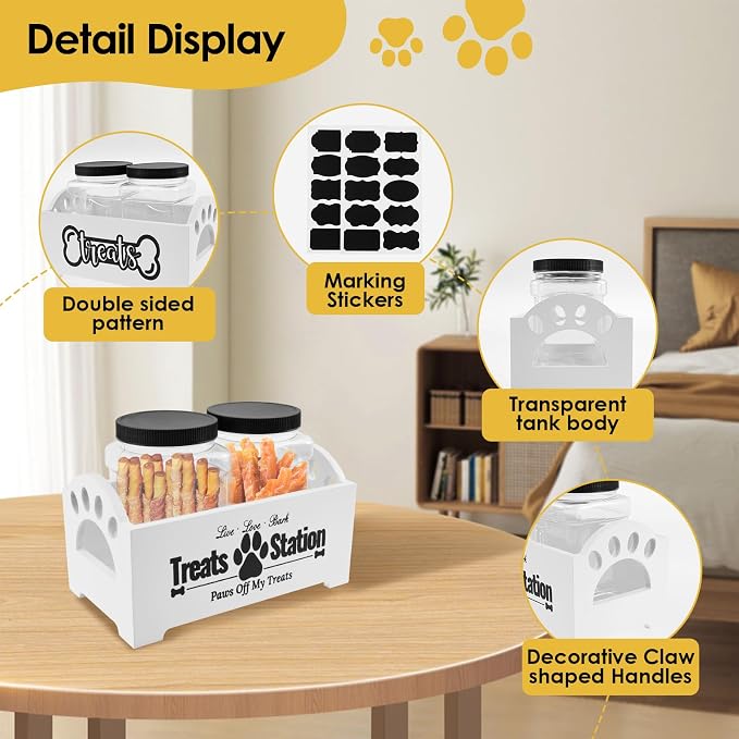 UKQRRTC Wood Dog Treat Container with Jars and Stickers Anti Deformation Space Saving Dog Treat Organizer Dog Treat Station for Countertop (White)