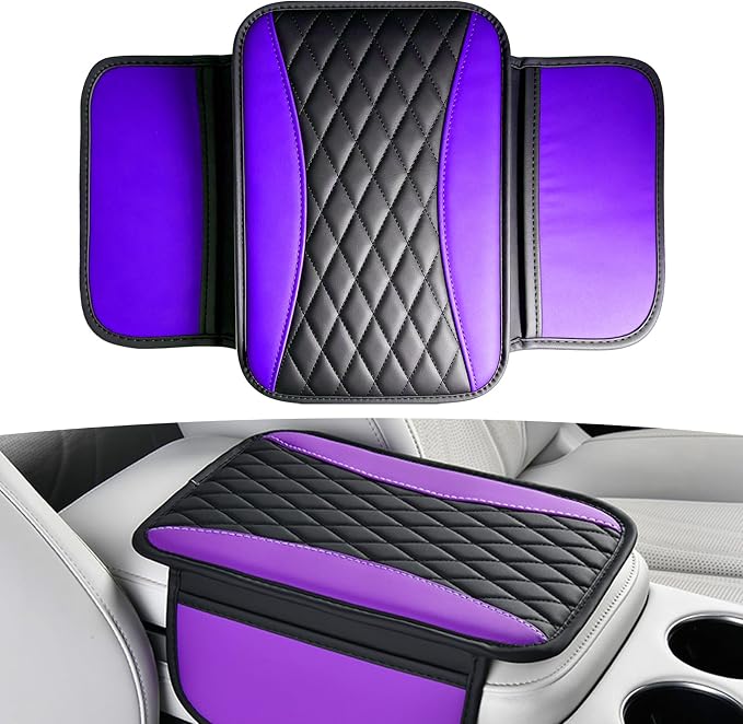 Leather Car Center Console Cover with Side Storage Pockets, Waterproof Armrest Cushion Protector Organizer for Vehicles SUVs, Interior Accessories, Car Decorations Stylish Arm Rest Pad (Purple)