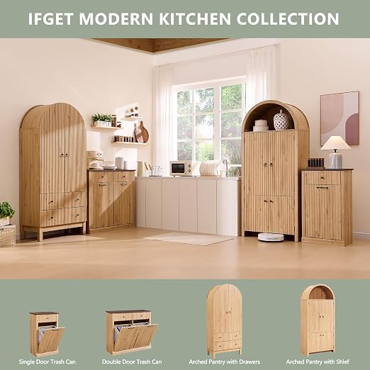 IFGET Tilt-Out Trash Can Cabinet, Fluted Laundry Hamper Cabinet,Natural Oak