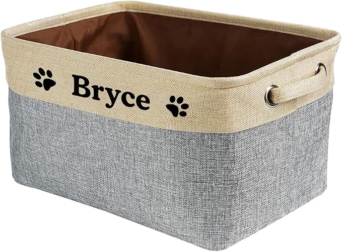 Custom Dog Cat Toy Storage Basket with Pet's Name Sturdy Foldable Collapsible Storage Bin Box with Handles for Organizing Pet Stuffs, Toys, Clothes,( Grey and White), 15" x 9.8" x 9"