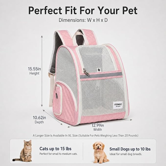 Cat Backpack Carrier for Small Dogs and Medium cat Puppy Kitten Bunny Pet Carrier Backpack Collapsible with Fully Ventilated Mesh with Safety Leash (Pink, 12.9" L x 10.62" W x 15.5" H - M)