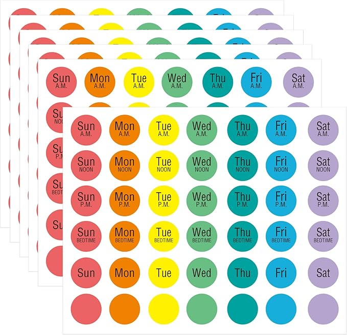 420 Pcs Medicine Reminder Sticker, 3/4 Inch Medication Instruction Labels Morning Noon Evening Bedtime for Pill Case, Week Day Stickers for Pets Dogs Food, with Blank Labels to Write