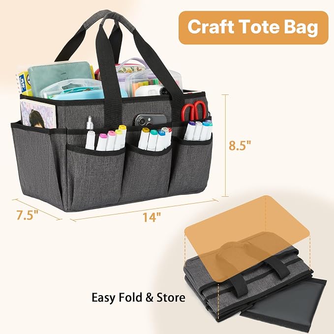 Craft Organizer Tote Bag, Art Storage Caddy with Multiple Pockets | Art Supplies Storage, Sewing Bag, Scrapbooking for School, Home and Office (Grey)