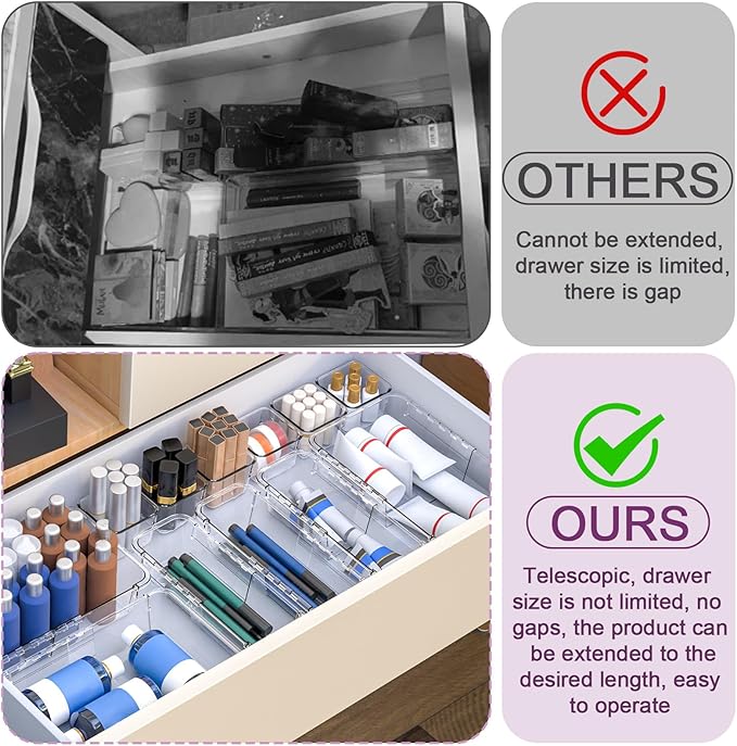 14 Pcs Adjustable Drawer Organizer, Clear Drawer Organizer Expendable | 3-Size Desk Drawer Organizer, Acrylic Storage Bins for Makeup, Cosmetic, Kitchen Utensils, Bedroom Dressers, Tool Organizer