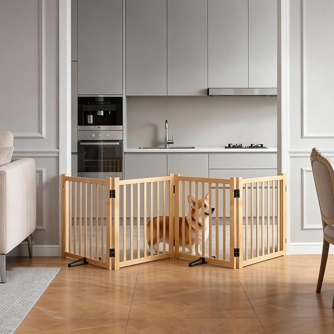 YOCAN Non-Painted Wooden Freestanding Dog Gates -4 Panel H:23” | Pet Gate for The House,Doorways, Stairs,Wood Dog Fences Indoor Pet Gate,Step Over Fence