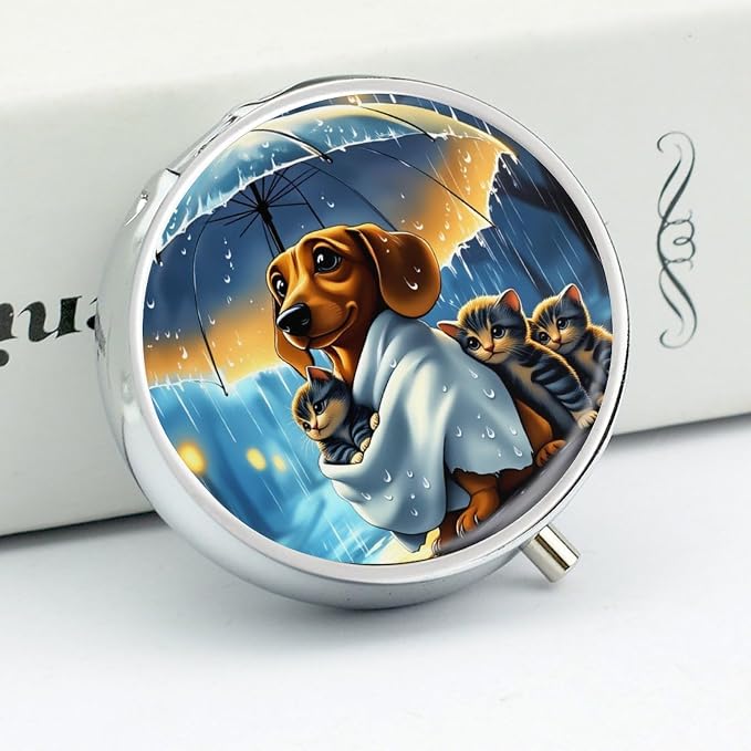 Pets Metal Round Pill Box, 3 Compartment Travel Organizer, Portable Pill Container with Secure Latch, 2 Inch Circular Vitamin Caddy for Pills and Vitamins, Gift for Him Her Elderly