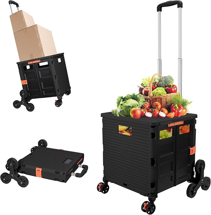 FELICON SELORSS Folding Utility Climber Cart Portable Rolling Crate-Black | Stair Climbing Wheels+360°Swivel Wheels,Telescoping Handle,Plastic Box Dolly for Travel Shop Move Laundry Office Teacher Use