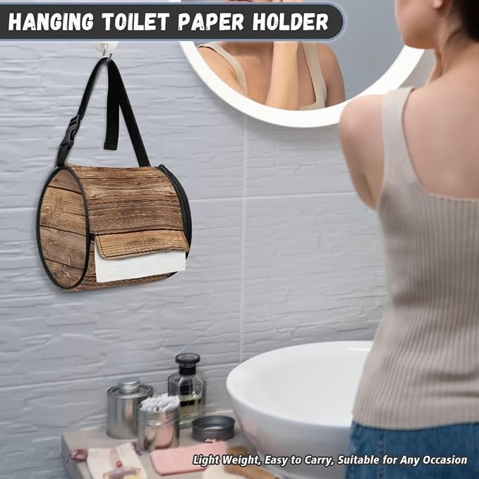 Rustic Wood Grain Paper Towel Holder Water Resistant Tissue Dispenser with Adjustable Strap,Versatile Cylinder Hanging Toilet Paper Roll Holder for Kitchen,Bathroom,Car Seat,Camping