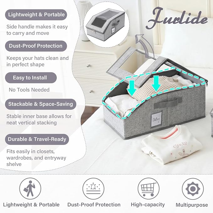 Furlide Hat Organizer for Baseball Caps, 2 Pack Stackable Storage Boxes | Protects 24-30 Caps From Dust and Pet Hair; Stackable Base, Clear Window, Front Opening and Handles Simplify Closet Storage.