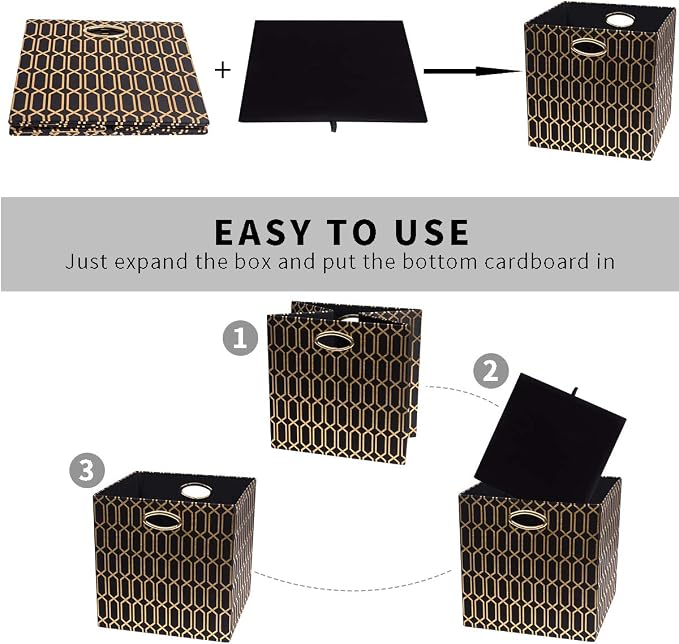 Posprica Storage Bins, Storage Cubes,13×13 Fabric Drawers Organizer Basket Boxes Containers (13×13×13/4pcs, Black/gold geometry Pattern)