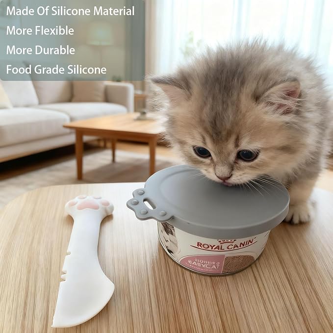 4pcs Pet Food Can Supplies Set Silicone Cat Food Can Lids Spoons | Multi-Function Cat Food Spoon and Opener Cute Paw Shape Opener Spatula Wet Food Spoon