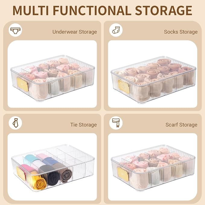 Sock Organizer for Drawer, 15 Compartments Detachable Plastic Underwear Drawer Organizer with Lid for Closet, Compartment Storage Ideal for Socks, Bras, Ties, and Scarves (Sock)