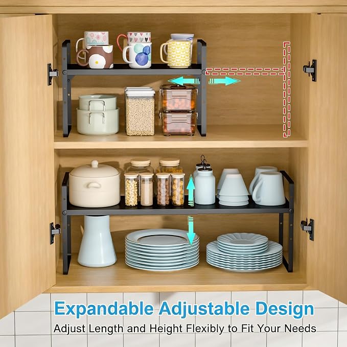 15.5 to 25.5 Inch Kitchen Cabinet Shelf Organizers, Adjustable Kitchen Counter Shelf Organizer, Set of 3 Expandable Countertop Storage Shelves, Stackable Design, 30LBS Heavy Duty, Space Saver