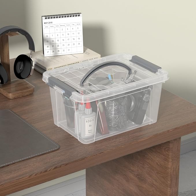 6L Clear Storage Latch Bins, 6-Pack Organizer Box with Handle