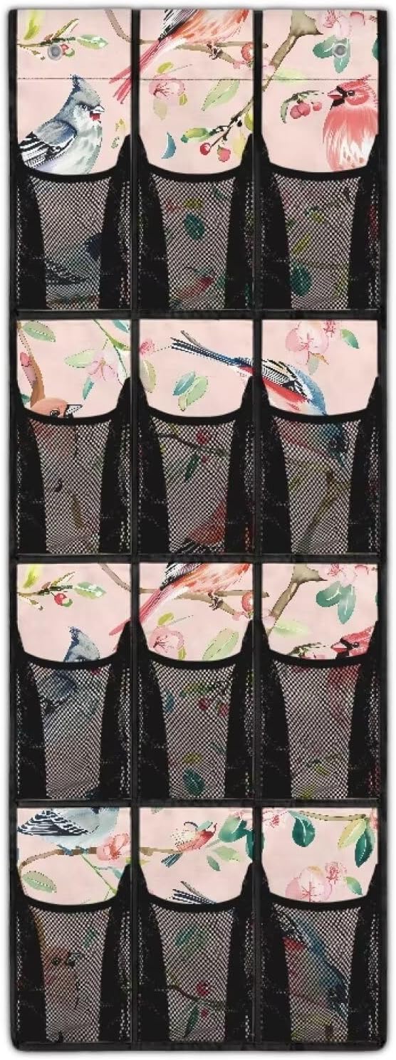 Behind Door Shoes Hang Holder Rack,Bird Pink Shoe Organizer Door Hanger with 12 Mesh Large Pockets,Space Saver Waterproof Reusable
