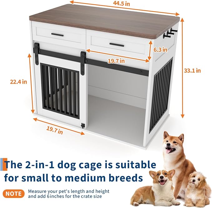 44.5'' Dog Crate Furniture with Hook and Storage Drawer, Wooden Dog Kennel with Sliding Barn Door Indoor Furniture Style Dog Crates End Table for Medium/Small Dogs (White)