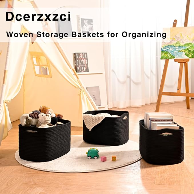 Storage Baskets for Organizing Shelves, Woven Cotton Rope Bins for Organization, Dog Toy Organizer for Shelf Living Room Bedroom, 14.8"×11"×9.5", Pack of 3, Black
