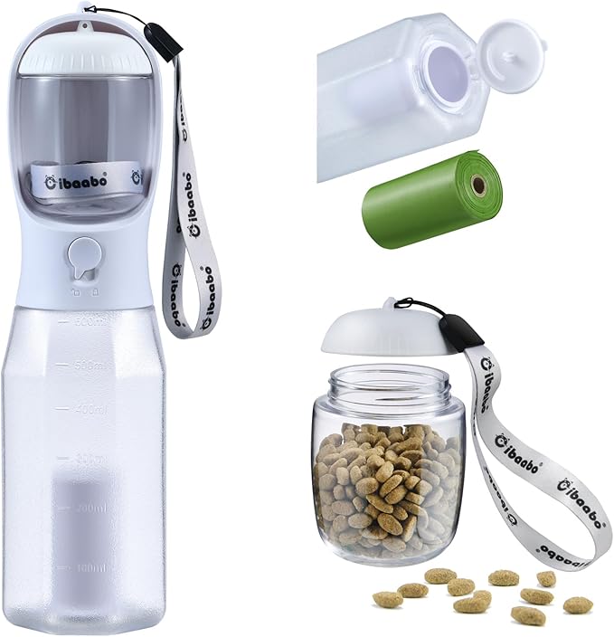 Cibaabo Dog Water Bottle with Food Container & Poop Bag Holder & Filter | Feeding & Hydration & Waste All in One | Travel Puppy Water Bowl | Portable Pet Dispenser | Dog Gifts | for Walking Beach