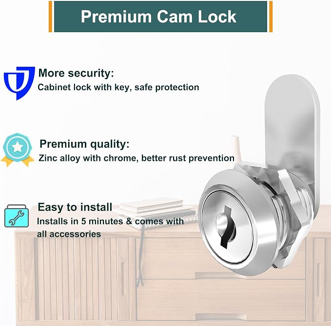 6 Pack Cabinet Locks with Key, 5/8" Cam Lock Keyed Alike, Lock for Cabinet Door Secure File Drawer RV Storage, Mailbox Lock Replacement Kit, Zinc Alloy