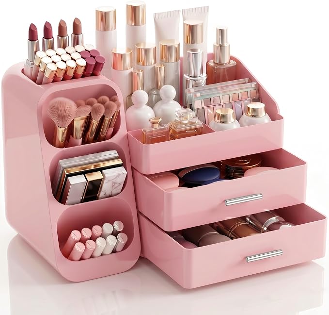 Pink Makeup Organizer with Drawer for Bathroom Countertop Dresser Desk | Large Capacity Make up Organizers for Vanity Counter, Easy To Storage Skincare, Perfume, Brushes, Psticks, Eyeshadow,Palettes