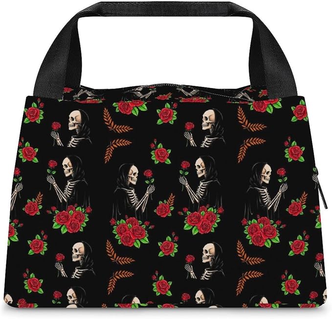 Leakproof Insulated Lunch Bag, Skeleton Love Roses Flowers | Large Capacity Cooler Tote Bags, with Zipper Closure, Versatile Food Carrier Bag, for Picnic Climbing Fishing