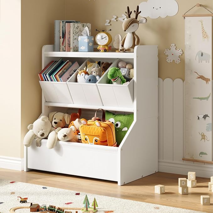 Kids Toy Storage Organizer with Wooden Display Shelf for Playroom & Nursery | Open shelves and removable bins encourage children to read, play and clean up independently, patent design
