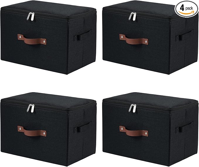 4PCS Storage Bins with Zipper Lids Decorative Lidded Basket Box | Clothes Container, Closet Shelf Organizer, Foldable Washable, Cotton Linen Fabric, w/ PU Leather Handles, Black, Large