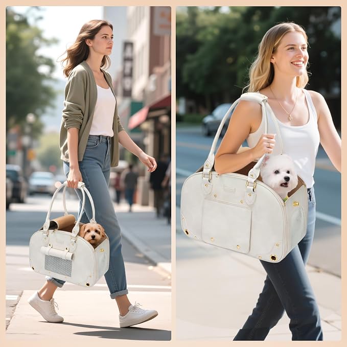 Dog Carrier Purse, Pet Carrier, Waterproof Premium Leather Pet Travel Portable Bag for Cat and Small Dog Home & Outdoor Medium Beige