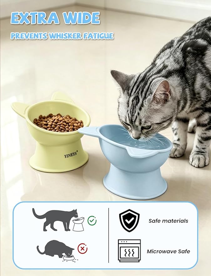 YINEYA Elevated Cat Bowls 2 Pcs, Cat Food Bowl to Protect Neck & Anti-Vomit, Whisker-Friendly Raised Food and Water Bowls Set for Indoor Cats/Small Dogs, Cute Pet Feeding Bowl 6 OZ Each, Yellow & Blue