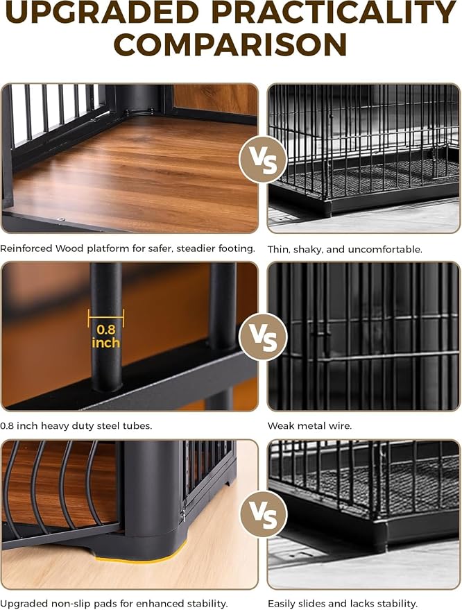 48 Inch Large Dog Crate Furniture, Heavy Duty Wood Dog Kennel Furniture Indoor for Large and Medium Dogs, Pet Crate Furniture with Adjustable Rotating Hanging Bowl and Table, Brown