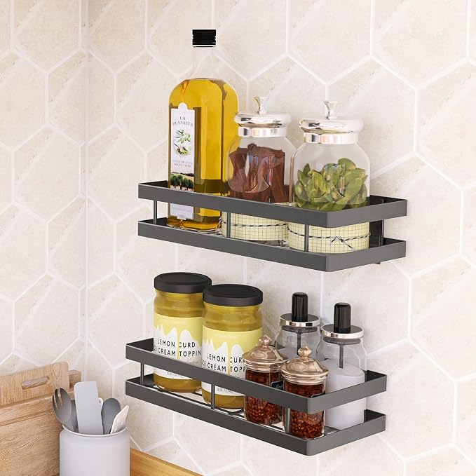 Spice Rack Organizer Wall Mount, 14" Hanging Black Spice Organizer Shelf, 2 Pack Farmhouse Seasoning Organizer, Spice Shelves Holder for Kitchen, Flexible Bathroom Organizer