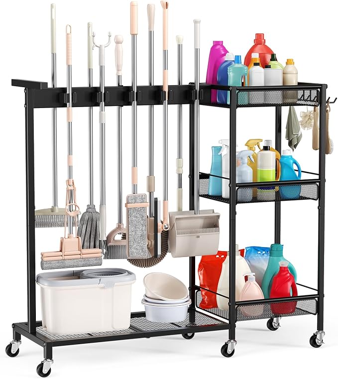 Broom Holder with Cleaning Supplies Organizer, Cleaning Utility Cart on Wheels, 10 Clips & 7 Hooks, 3-Tier Shelves, Broom Closet Storage Cabinet with Cleaning Caddy for Home Commercial Use