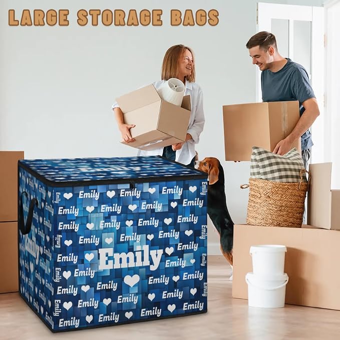 Personalized Storage Bags with Lid Large Blanket Clothes Blue Geometric Pattern Love Hearts Organization and Storage Containers for Comforters,Bedding, Foldable Organizer with Reinforced Handle