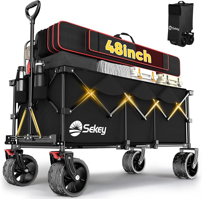 Sekey 48''L Collapsible Foldable Extended Wagon with 660lbs Weight Capacity, Heavy Duty 300L Folding Utility Garden Cart with Big All-Terrain Beach Wheels & Drink Holders. Black