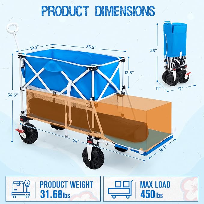 Old Bahama Bay 400L Collapsible Double Decker Beach Wagon with Brakes, Folding Beach Cart with 54" Extra Long Decker, 450LBS Heavy Duty Wagon Chart with All-Terrain Big Wheels for Sand Camping Garden