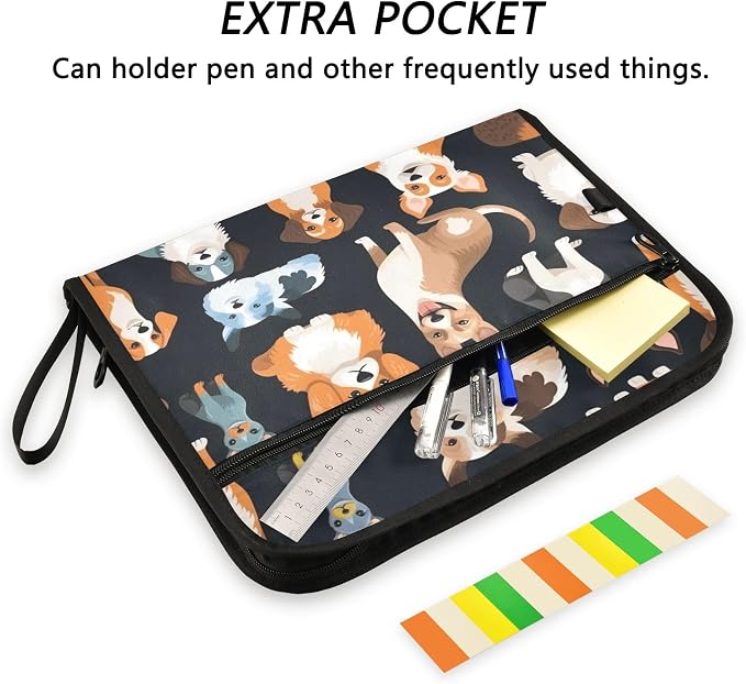 Animal Dog 13 Pocket File Organizer Expanding File Folder with Front Pouch Portable Business Fire Storage Document Organizer Folder with Zipper