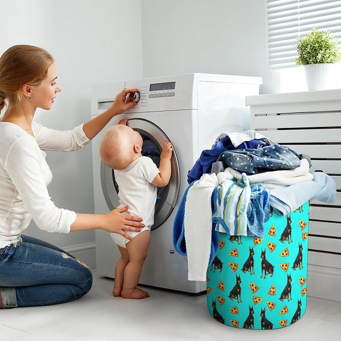 Large Laundry Basket with Handles Doberman Pinscher Turquoise Pizza, Collapsible Waterproof Hamper for Clothes, Toys, and Towel Organization at Home