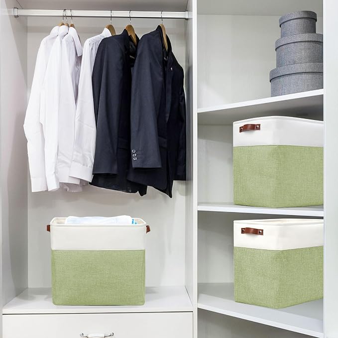 Bagnizer Large Fabric Storage Baskets | 50L Storage Bins, Decorative Linen Closet Baskets with Handles for Organizing, Shelf, Toys, Clothes, Home, Office, Nursery, 17x12x15Inches (Green&White)