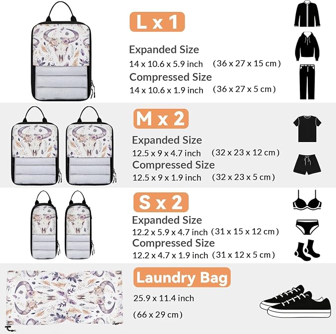 Bull Skull 6 Set Compression Packing Cubes | Western Retro Boho Floral Travel Accessories Expandable Packing Organizers Space Saver Bags for Organizing Clothes
