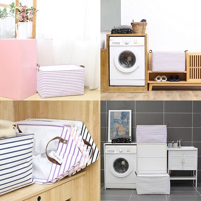 Hinwo 70L Extra Large Canvas Storage Bin with Lid and Handles | Collapsible Fabric Basket, Closet Shelf Organizer, Container for Clothing, Blankets, Toys, Bedding (Purple Stripe)