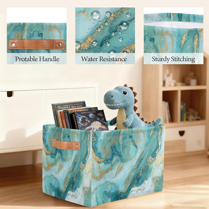 Pardick Storage Baskets Bin, Light Blue Marble Collapsible Canvas Fabric Storage Bin Decorative Baskets Toy Organizer Rectangle Storage Boxes with handles for Home Shelves Nursery,1Pack,C-02