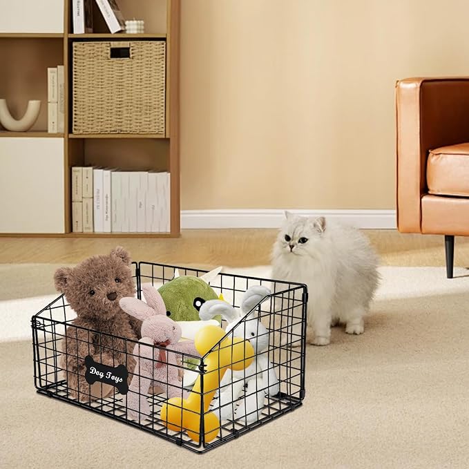 Geyecete Toy box for dogs large Dog Toy organizer Pet wire folding basket DOG TOY container dog toy box-Chew-Proof Dog Food Toy Storage-Black