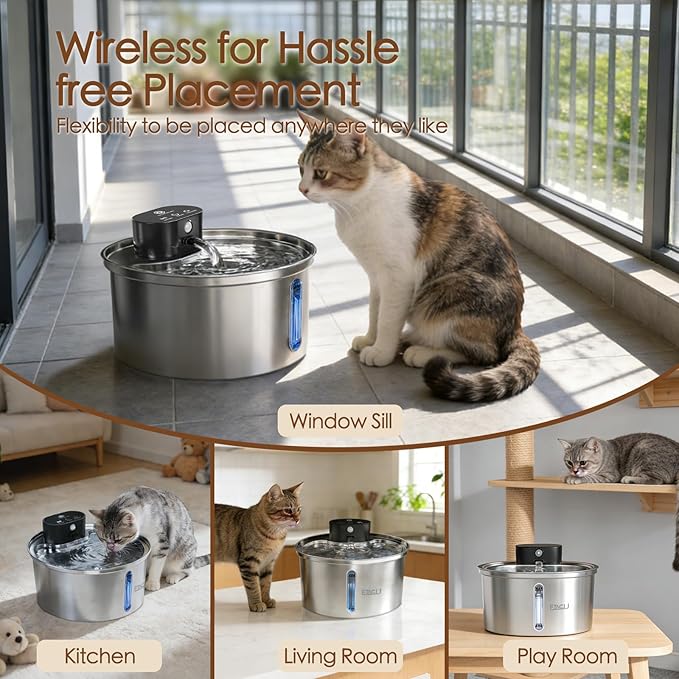 ETACCU Wireless Cat Water Fountain Stainless Steel - 3.2L/108oz, Pet Water Fountain Battery Operated with Motion Sensor, 3 Modes, Quiet Pump, Cordless Water Fountain for Cats and Small Dogs